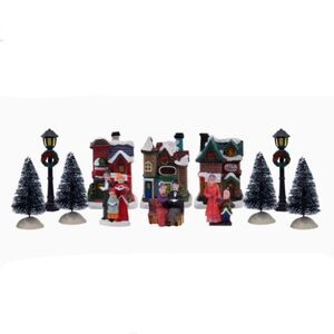 Christmas Village Set 12pc Resin Hand-Painted Houses & Figures New in Box